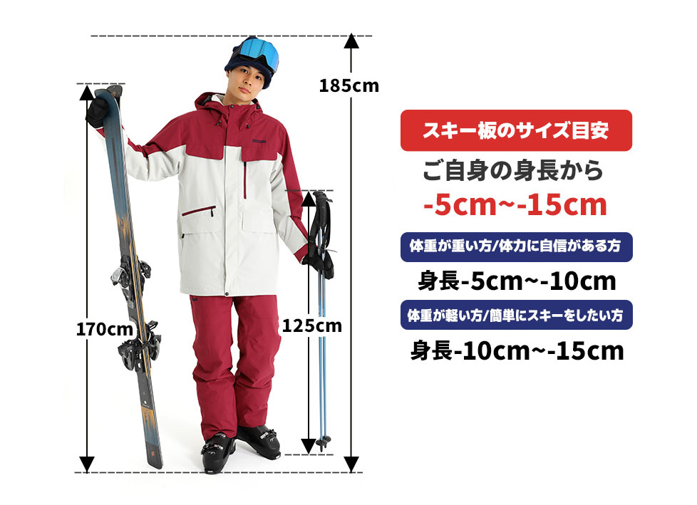 ②スキー板の長さは自分身長から-10cm前後を選ぼう。